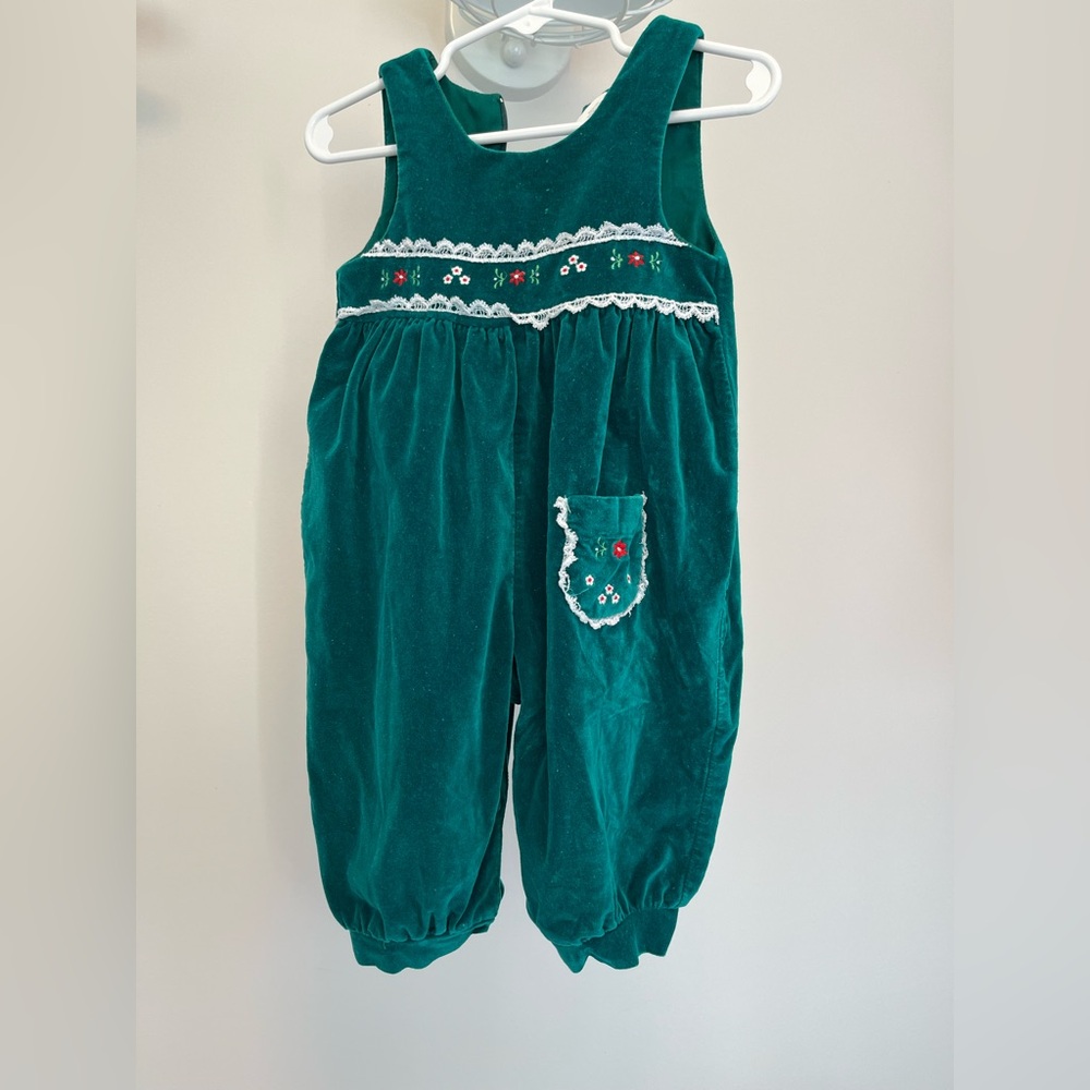 Vintage Girls 6-9 Month Green Romper with Floral Embroidery
